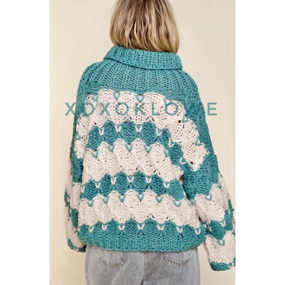 POL Teal & Ivory Stripe Handmade Chunky Knit Sweater - Picture 9 of 12